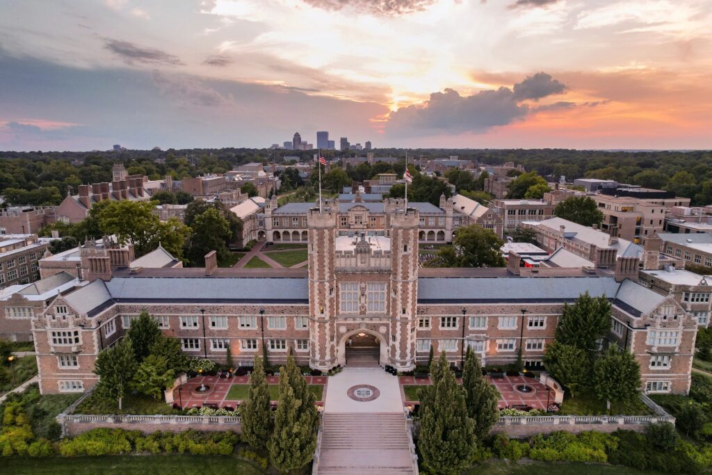 Aerial view of the WashU Danforth Campus at sunset