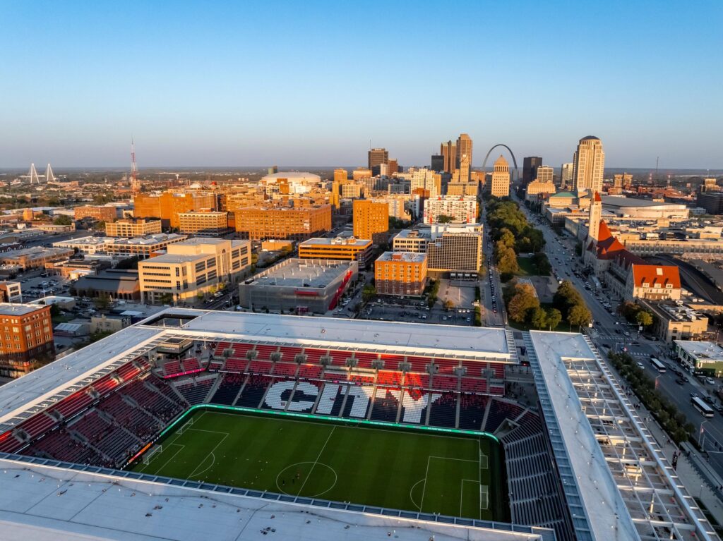 Aerial view of the St. Louis skyline at sunset